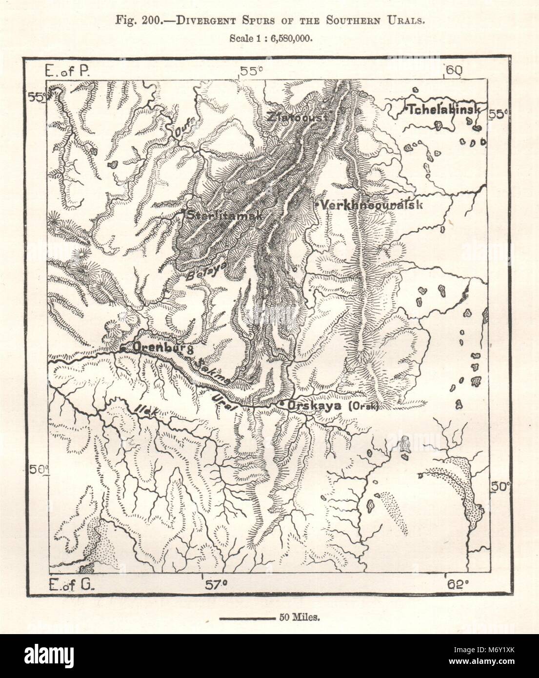 Abweichende Sporen des südlichen Ural. Orenburg Russland. Kartenskizze 1885 Stockfoto