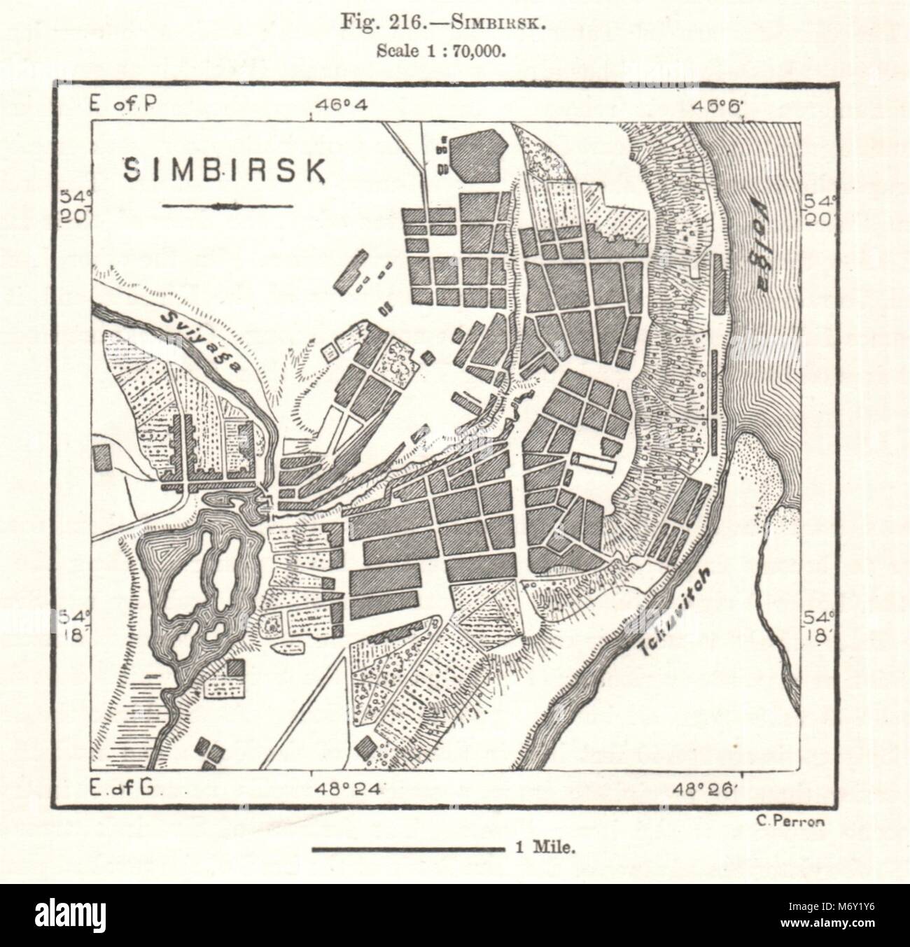 Uljanowsk Stadt Stadt planen. Russland. Kartenskizze 1885 alte antike Grafik Stockfoto