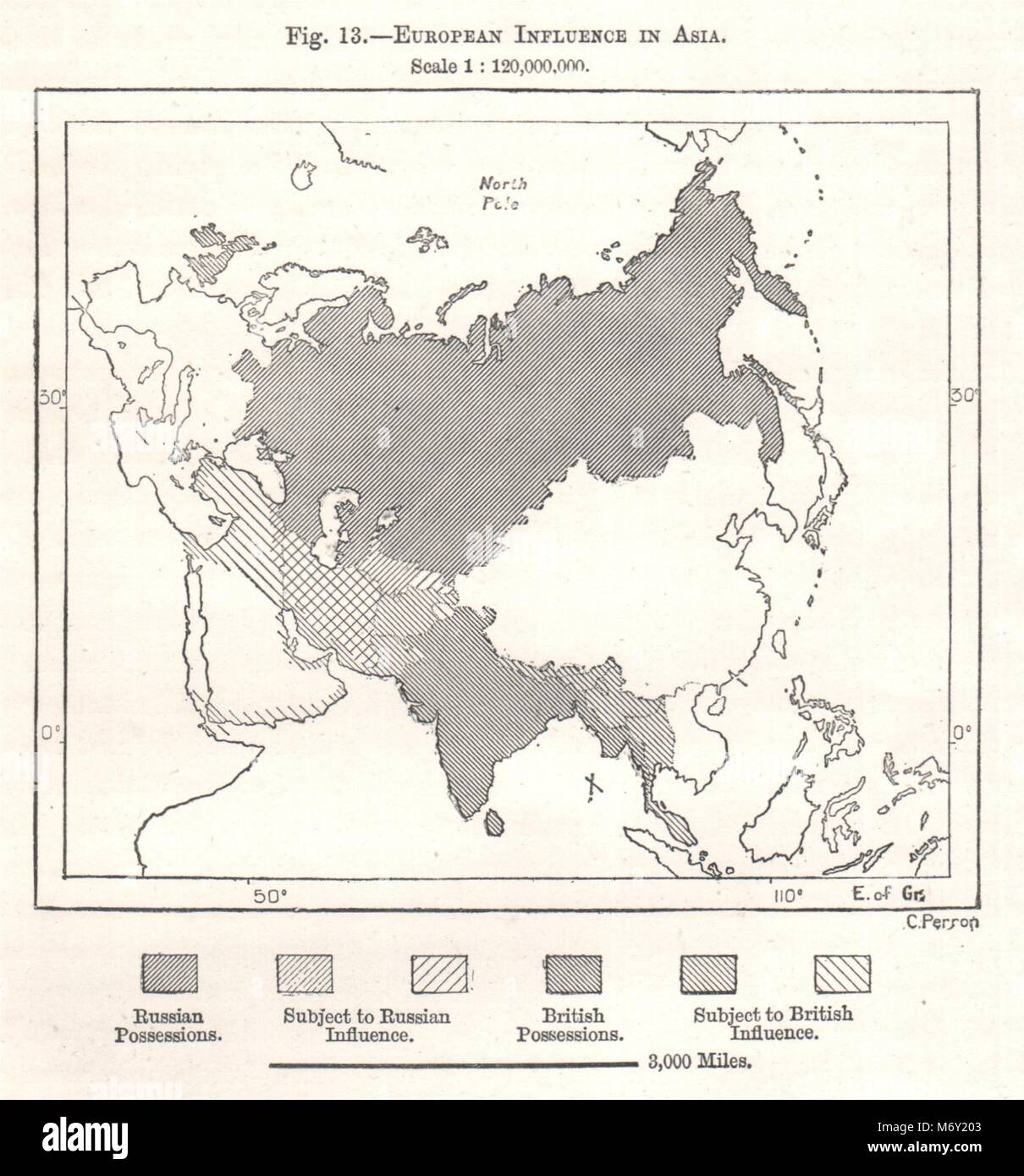 Europäischen Einfluss in Asien. Russische Briten. Kartenskizze 1885 alte antike Stockfoto