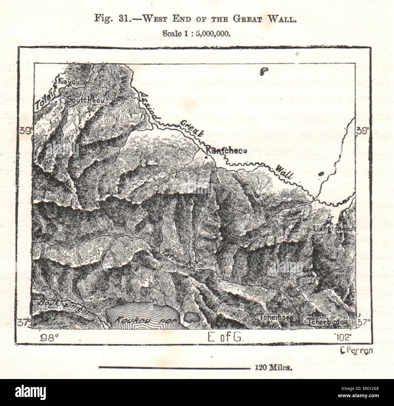 Westlichen Ende der Großen Mauer. China. Kartenskizze 1885 alte antike plan plan Stockfoto