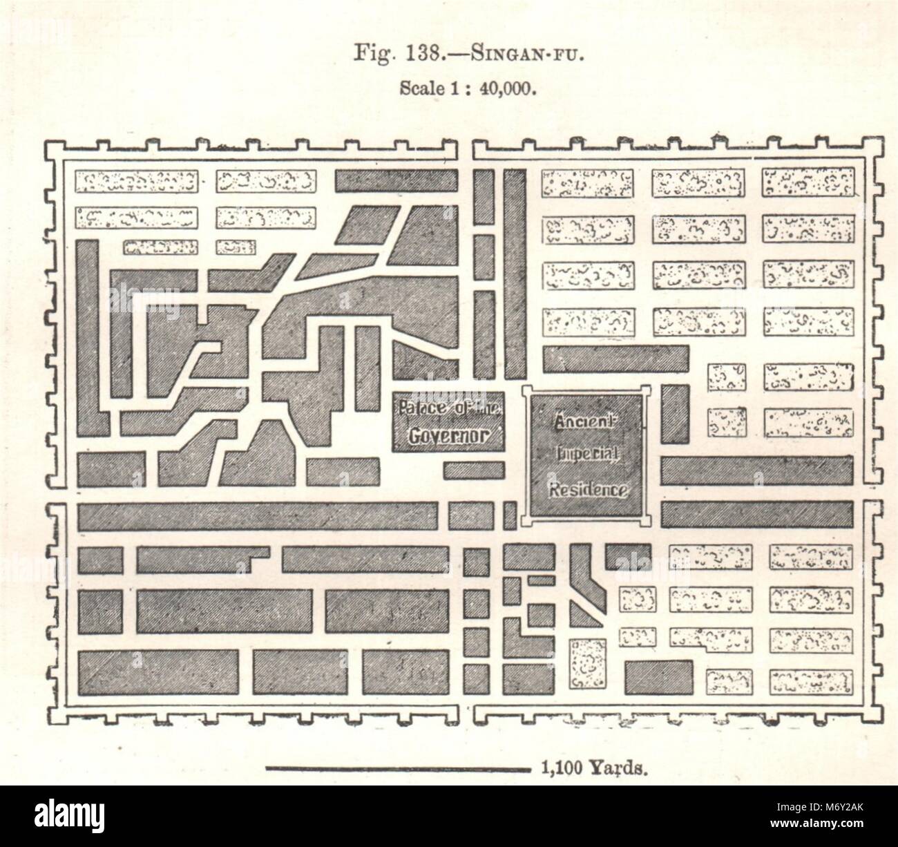 Singan-Fu (Xian) Stadt zu planen. Befestigungsanlagen. China. Kartenskizze 1885 alte Stockfoto