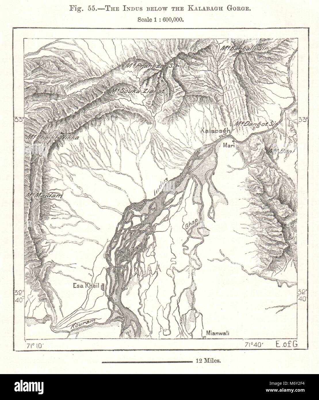 Der Indus unter dem Kalabagh Schlucht. Pakistan. Kartenskizze 1885 alte antike Stockfoto
