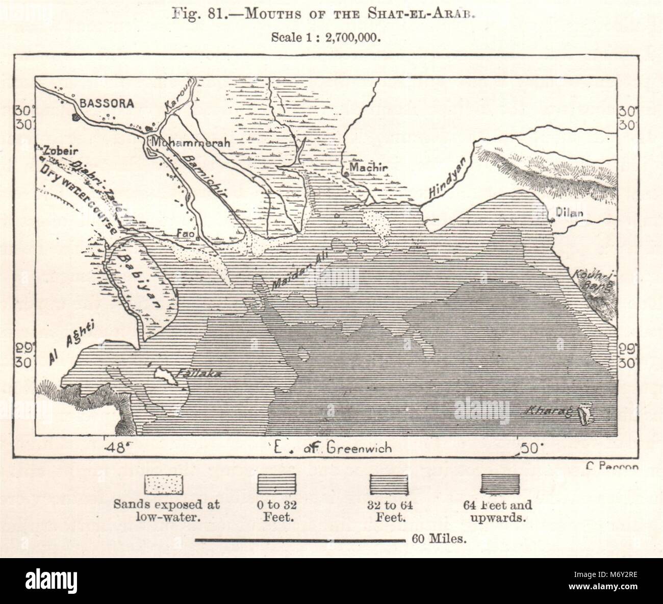 Mund der Schatt-al-Arab. Irak. Kartenskizze 1885 alte antike plan plan Stockfoto