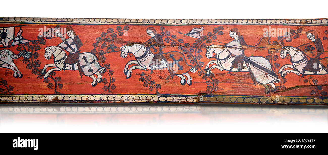 Gotische dekorativ bemalten Balken Panels mit gknights auf Pferden, Tempera auf Holz. Nationalmuseum für katalanische Kunst (MNAC) in Barcelona, Spanien, gegen eine whi Stockfoto