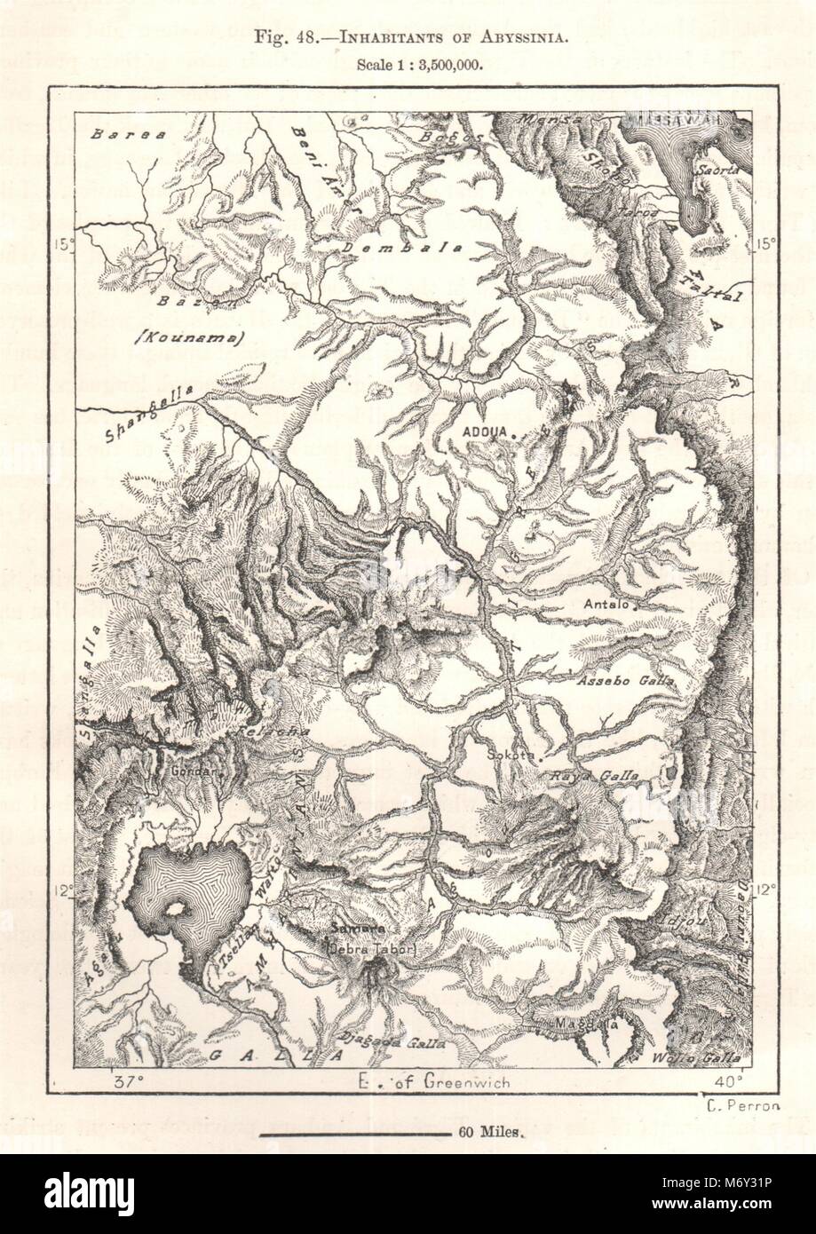 Bewohner von Abessinien. Äthiopien. Kartenskizze 1885 alte antike plan plan Stockfoto