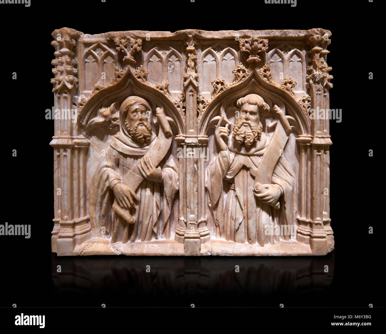 Gotische alabaster Relief von zwei Gewinne von Pere Oller, circa 1415, vom Kloster Del Carme, Girona, Spanien.. Nationalmuseum für katalanische Ar Stockfoto
