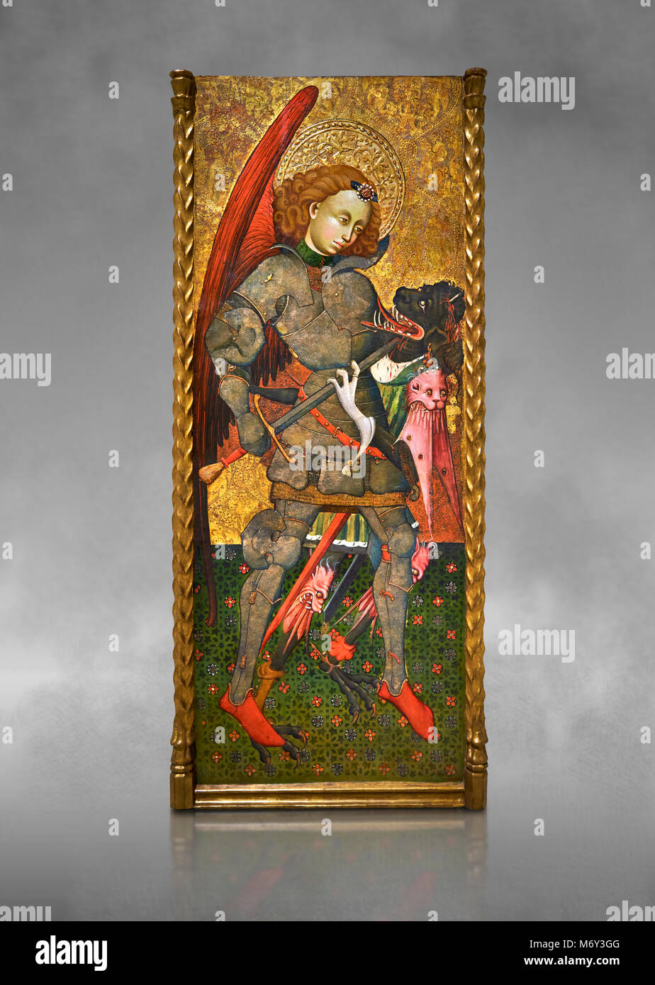 Gotische Altar des Erzengels Michael (Sant Miguel Arcangel) von Blasco de Branen von Saragossa, ca. 1435-1445, Tempera und Blattgold auf für Holz. Stockfoto