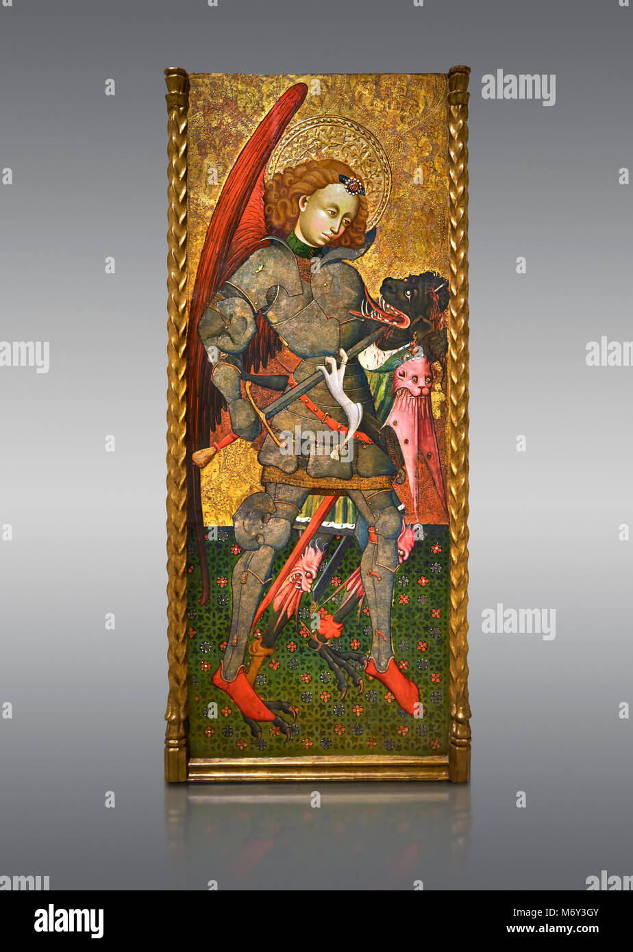Gotische Altar des Erzengels Michael (Sant Miguel Arcangel) von Blasco de Branen von Saragossa, ca. 1435-1445, Tempera und Blattgold auf für Holz. Stockfoto