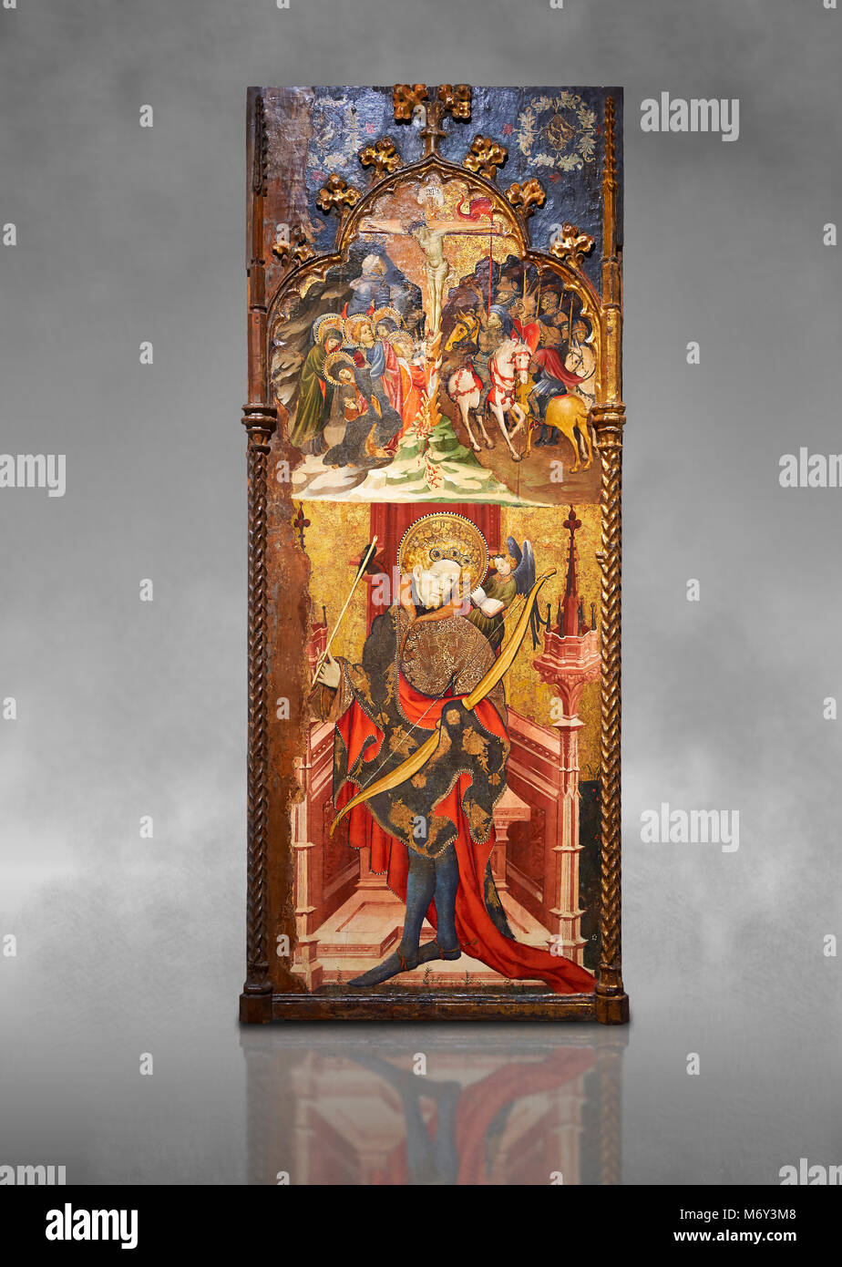 Gotischen Altarbild top, Kalvarienberg, unten, St Sebastia (Sebastian), von Joan Gehilfen von Villafranca de Penedes, ca. 1417-1425, aus dem refrect Stockfoto