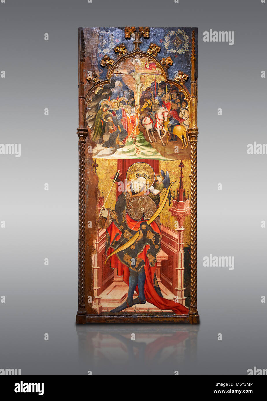 Gotischen Altarbild top, Kalvarienberg, unten, St Sebastia (Sebastian), von Joan Gehilfen von Villafranca de Penedes, ca. 1417-1425, aus dem refrect Stockfoto