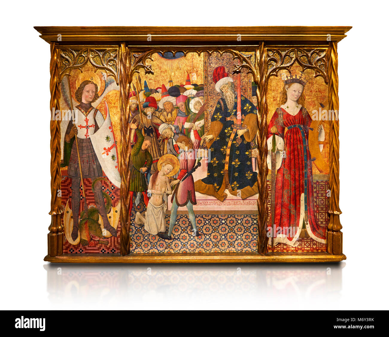 Gotischen Altarbild mit der rechten Maustaste auf den Erzengel Gabriel, das Martyrium der Santa Eulalia und die hl. Caterina, von Bernat Martorell, ca. 1442-144 links Stockfoto