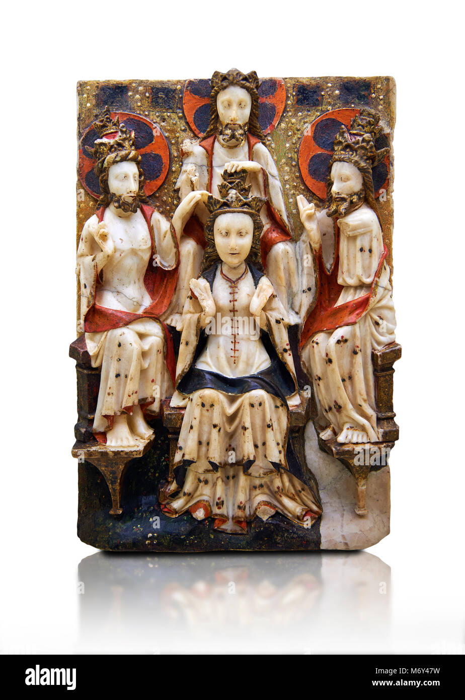 Gotische Marmor Relief der Krönung der Jungfrau Maria in London oder New York, 1420-1460. Nationalmuseum für katalanische Kunst, Barcelona, Spa Stockfoto