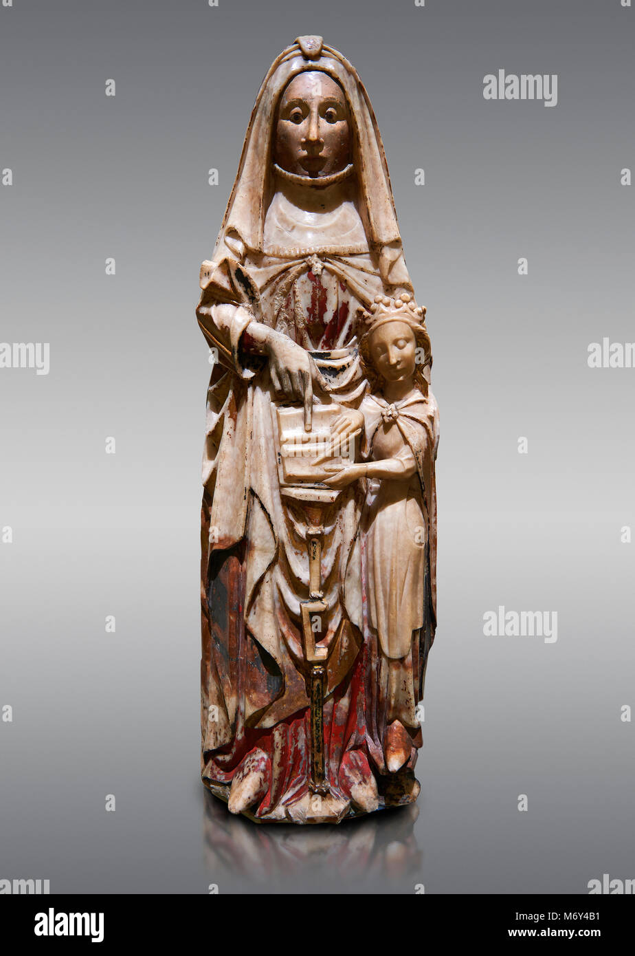 Gotische alabaster Statue der Heiligen Anna und der Jungfrau Maria als Kind von der Schule Nottingham, England, 15. Jahrhundert, von dem Friedhof der Vall d Stockfoto
