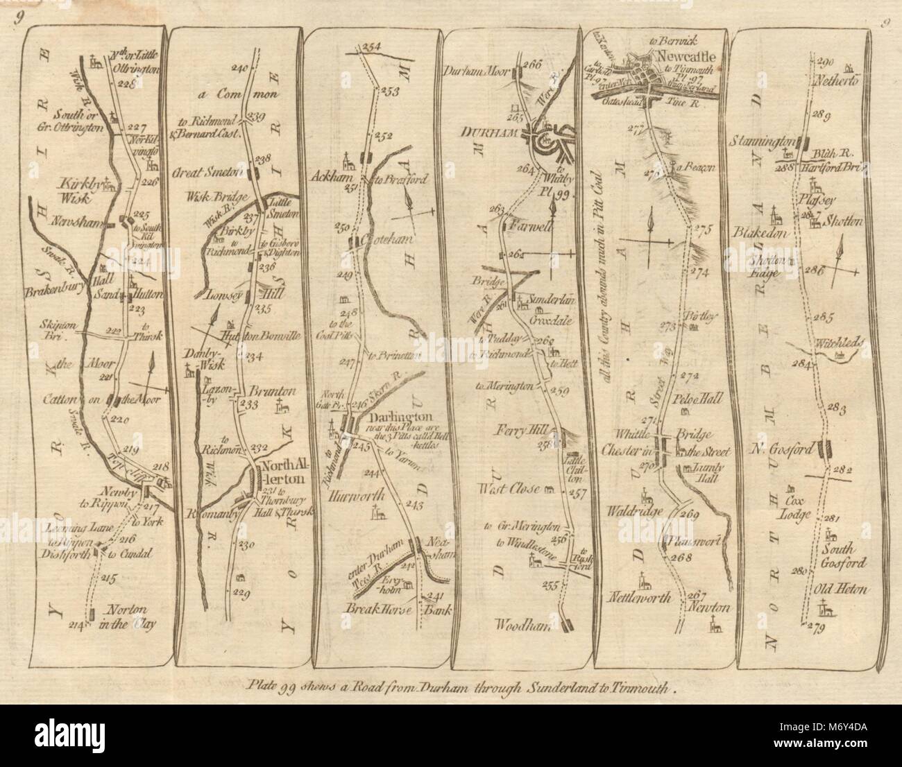 Northallerton Darlington Durham in Newcastle upon Tyne. KITCHIN Fahrplan 1767 Stockfoto