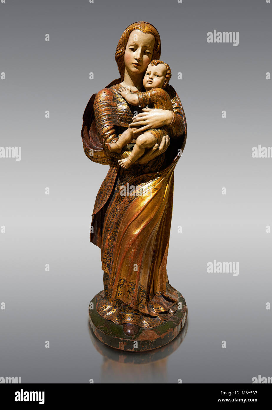 Gotische Holzstatue der Madonna mit Kind von Seguidor de Diego de Siloe von Burgos, ca. 1530-1540, Tempera und Blattgold auf Holz, von der Kirche Stockfoto