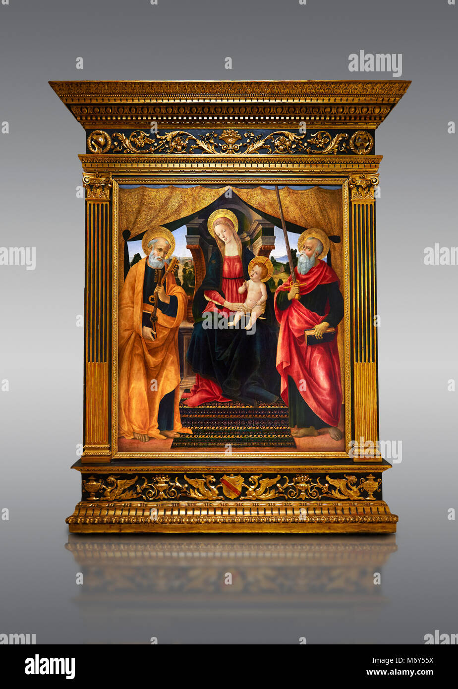 Gotische Altar der Madonna mit Kind und Heiligen Peter und Paul von vicenzo Frediani, circa 1490, Tempera und Blattgold auf Holz. National Museum von Cata Stockfoto