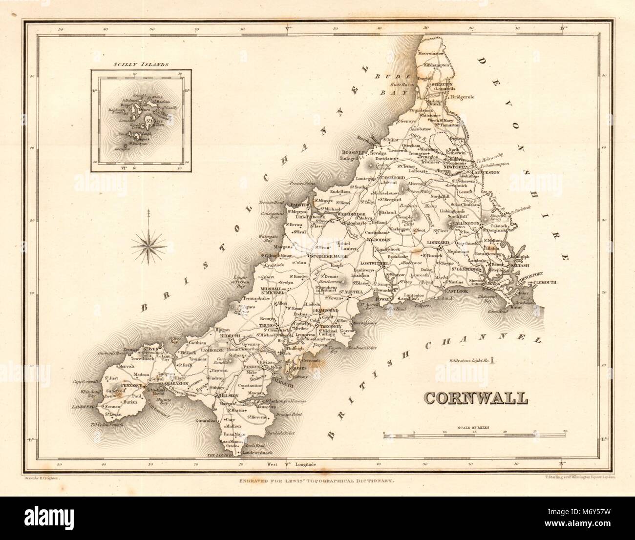 Antike Grafschaft Karte von Cornwall von Starling & Creighton für Lewis c 1840 alte 