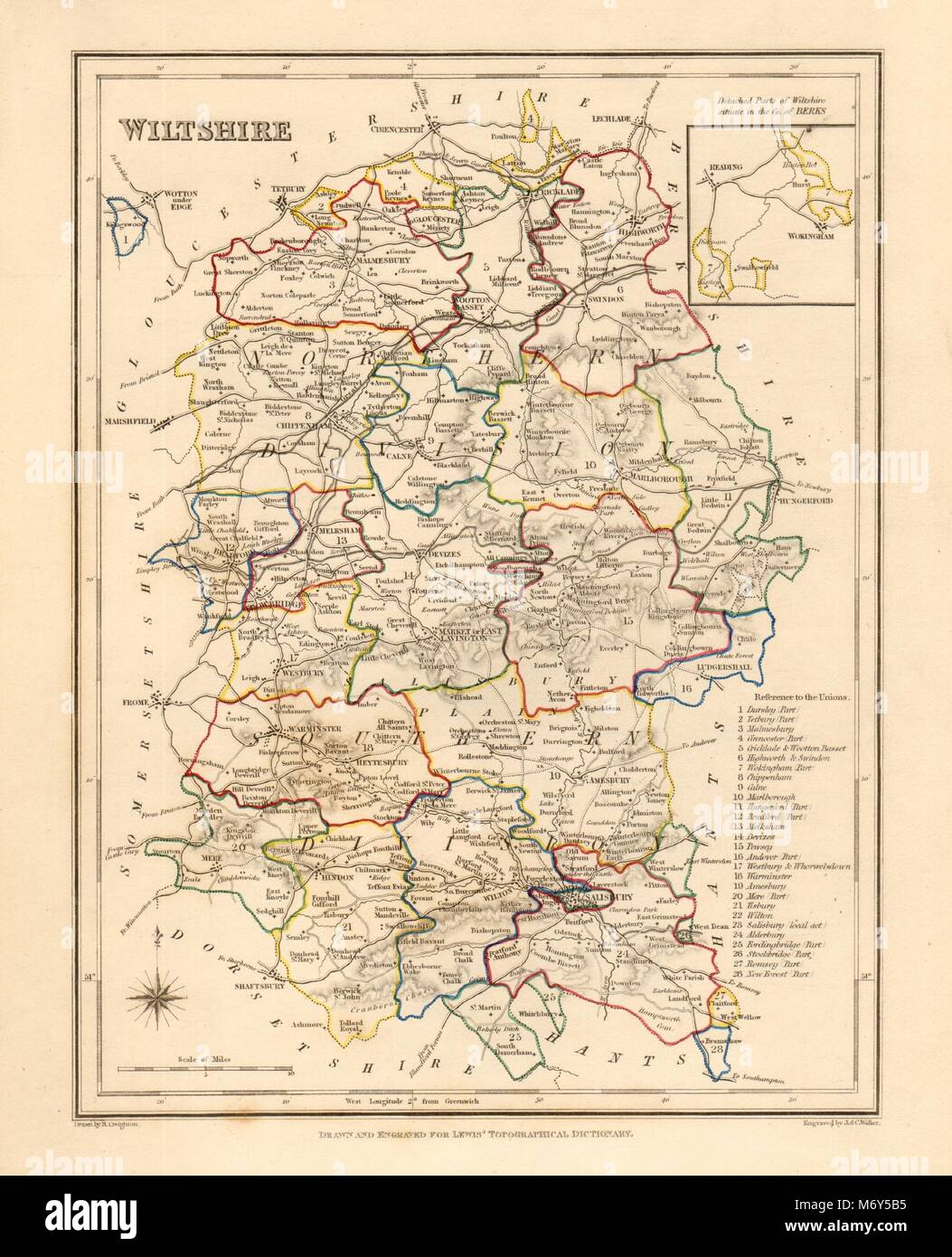 Antike Karte der Grafschaft Wiltshire von Creighton & Walker für Lewis c 1840 alte Stockfoto
