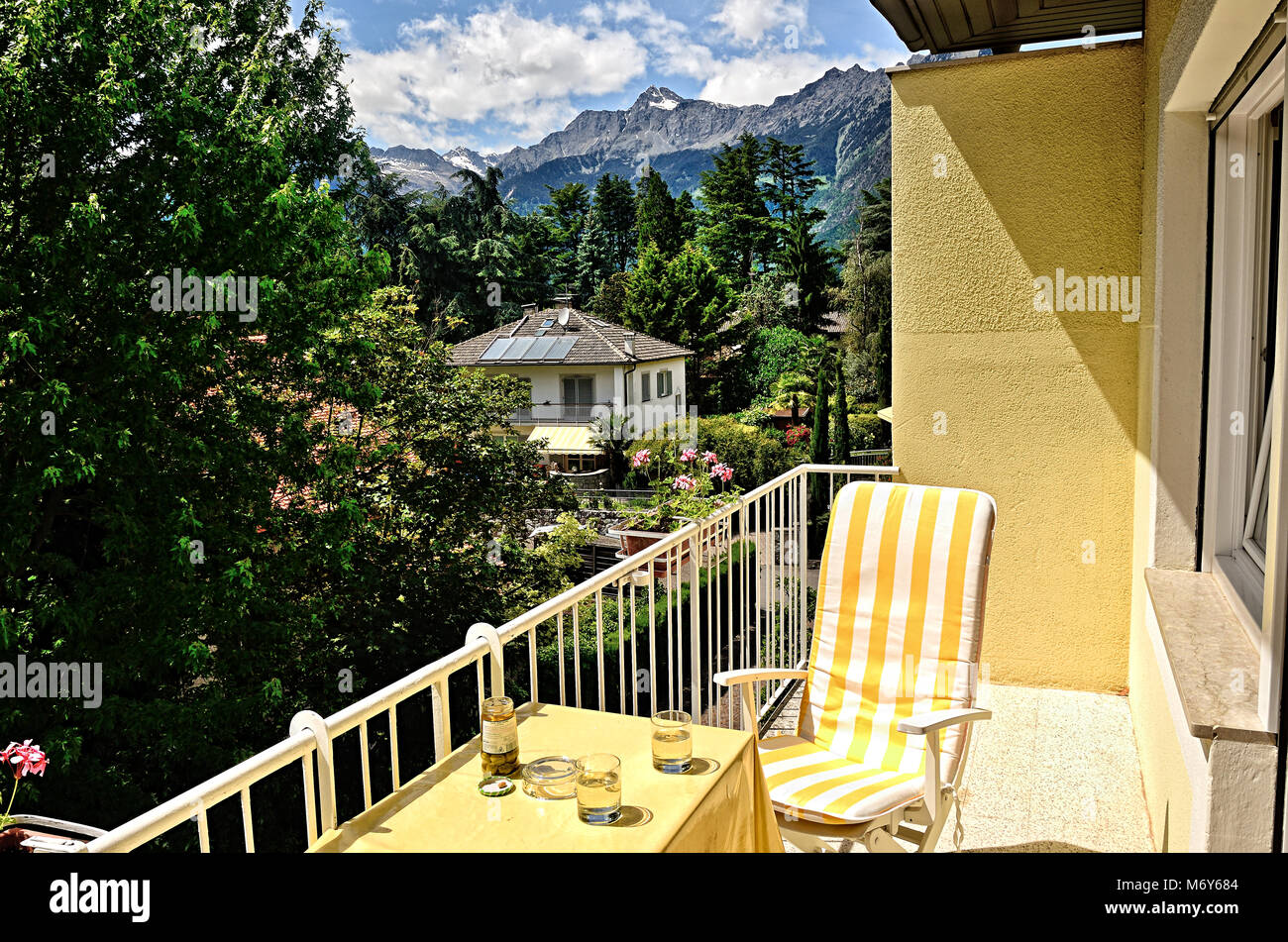 Balkon des Hotel Alexander, Meran Stockfoto