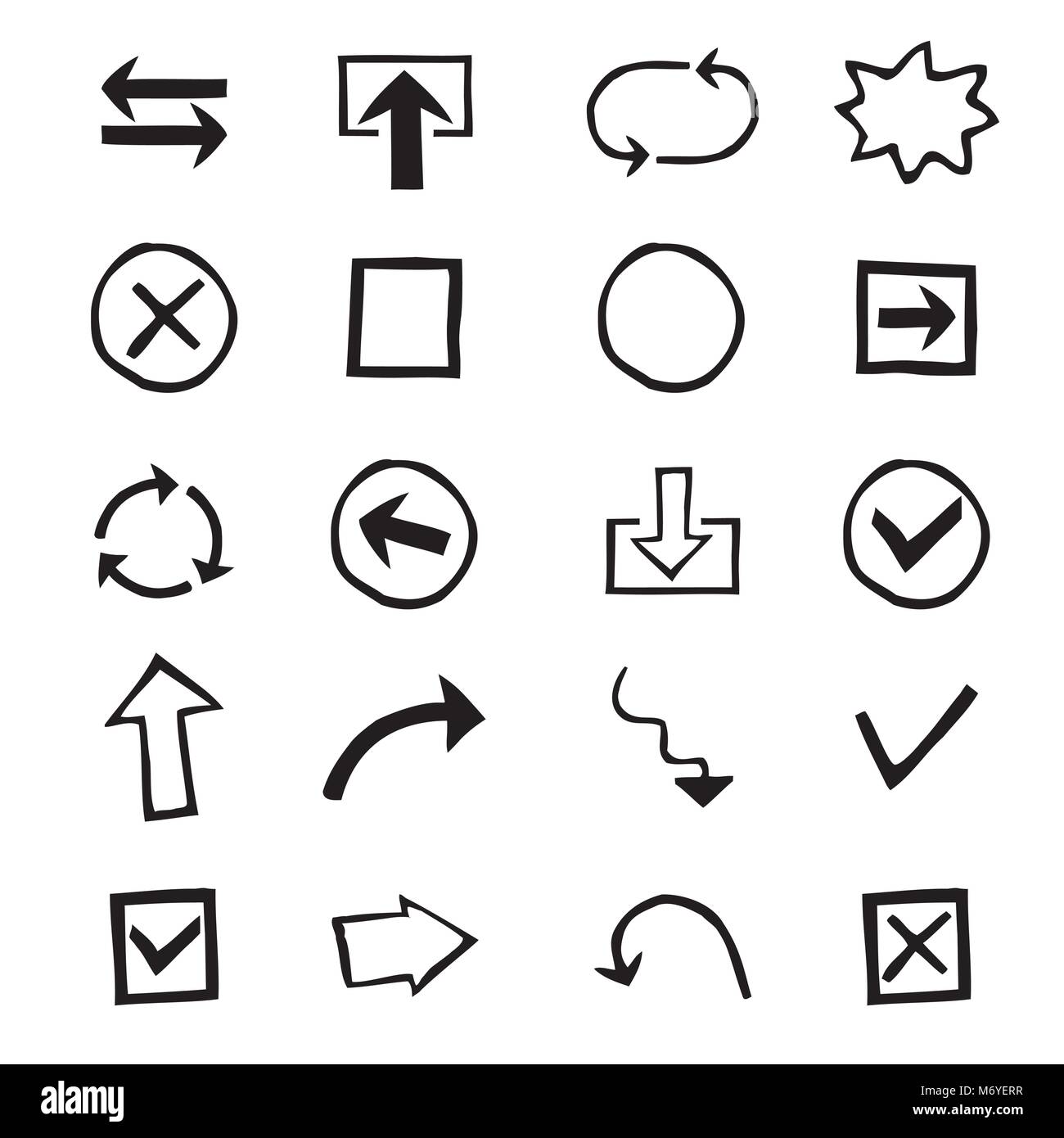 Doodles Satz von Hand-Drawn Design Elemente mit Formen, Pfeile und andere. Auf weiß isoliert. Vektor Illustration. Stock Vektor