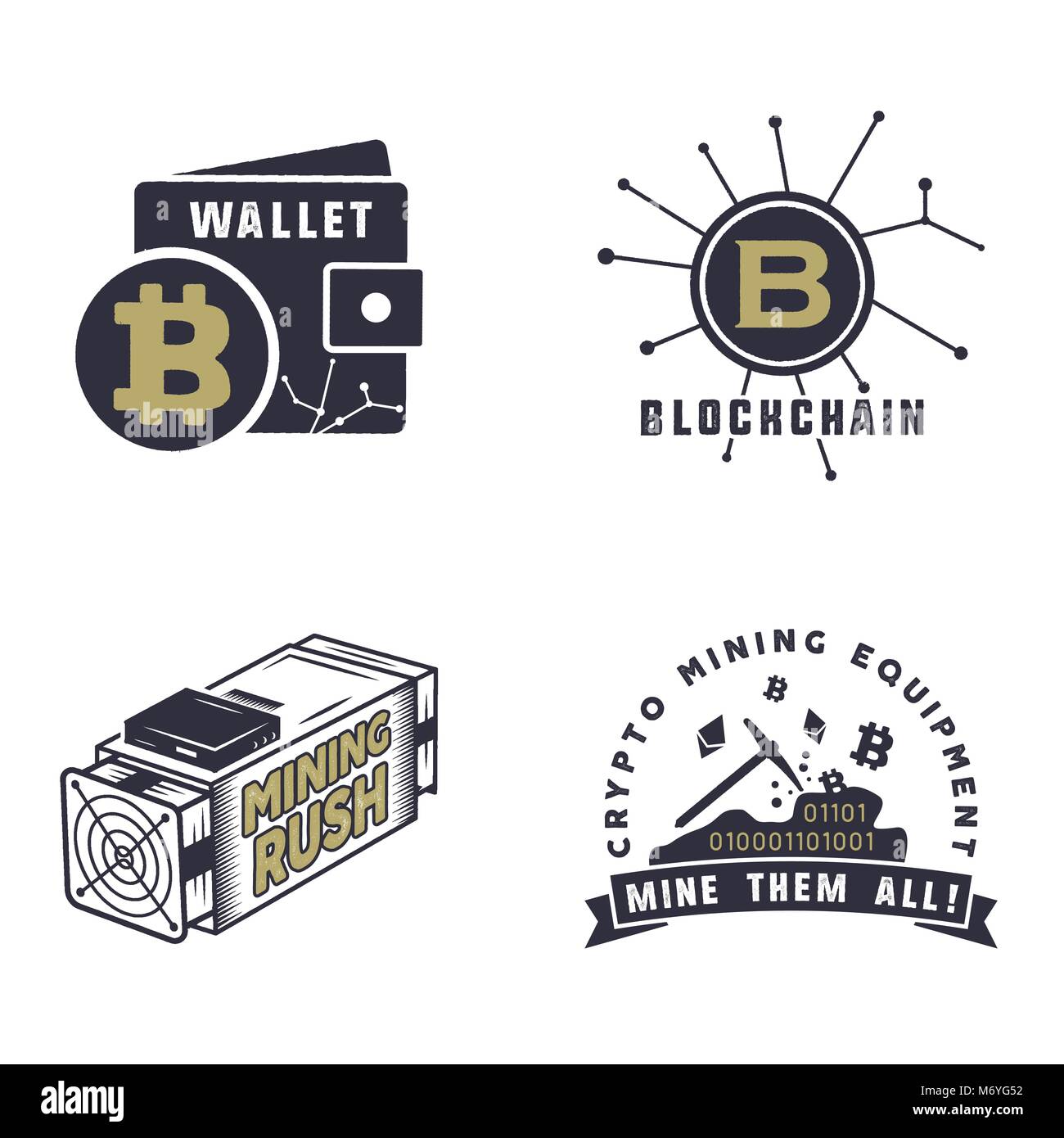 Blockchain, bitcoin, crypto Währungen Embleme und Konzepte. Digitale assets Logos. Jahrgang hand gezeichnete Schwarzweiß-Design. Bergleute, wallet Badges. Vektor Illustration auf weißem Hintergrund Stock Vektor