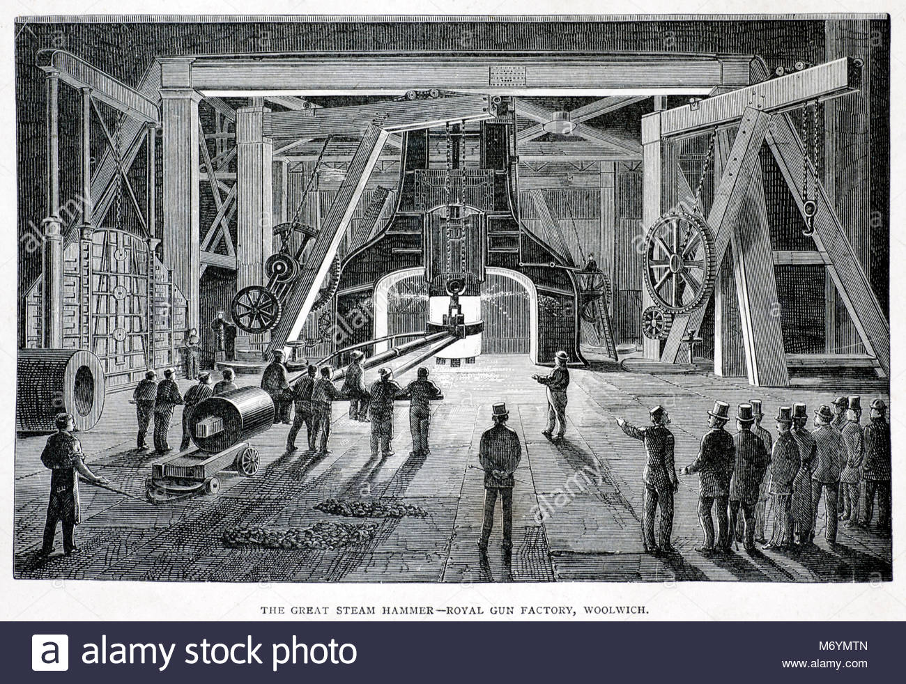 Die große Dampf Hammer, Royal Gun Factory, Woolwich London, antike Gravur von 1876 Stockfoto