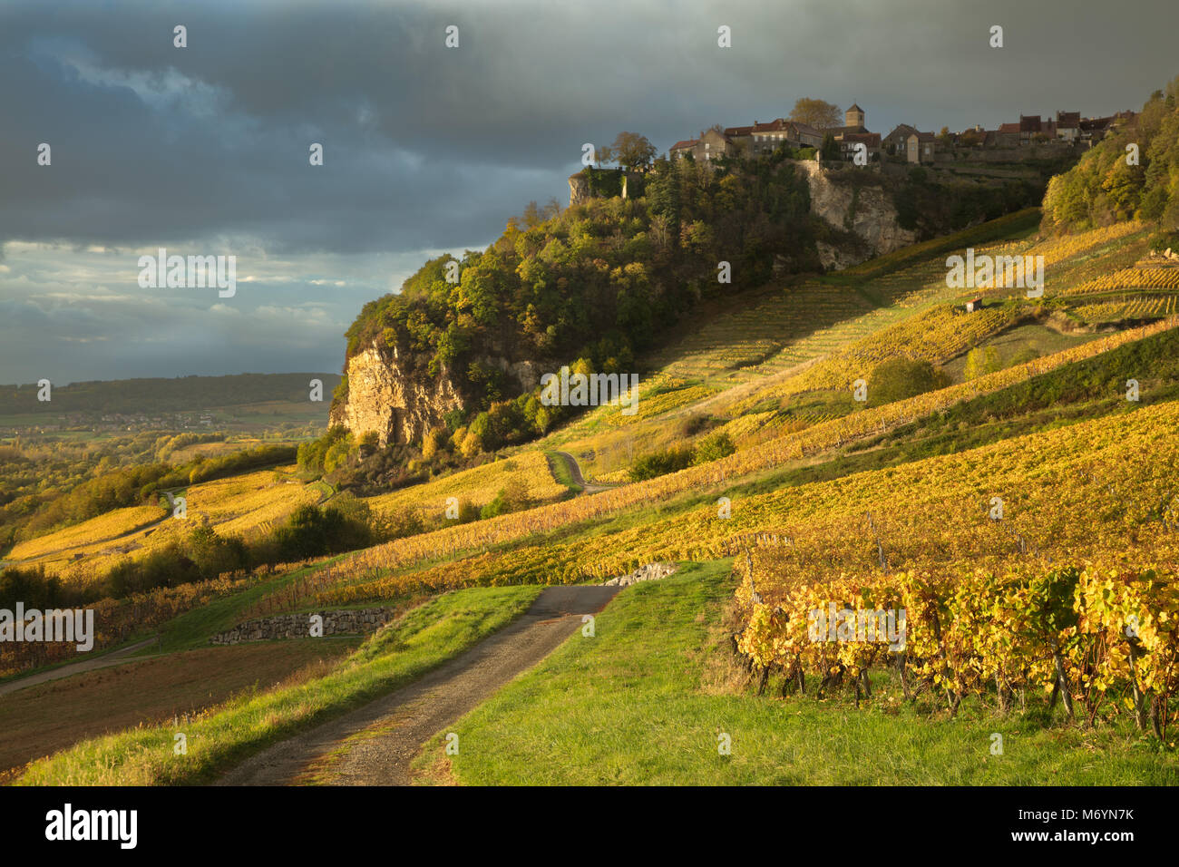 Nach dem Regen, Weinberge rund um Château-Chalon, Jura, Franche-Comté, Frankreich Stockfoto