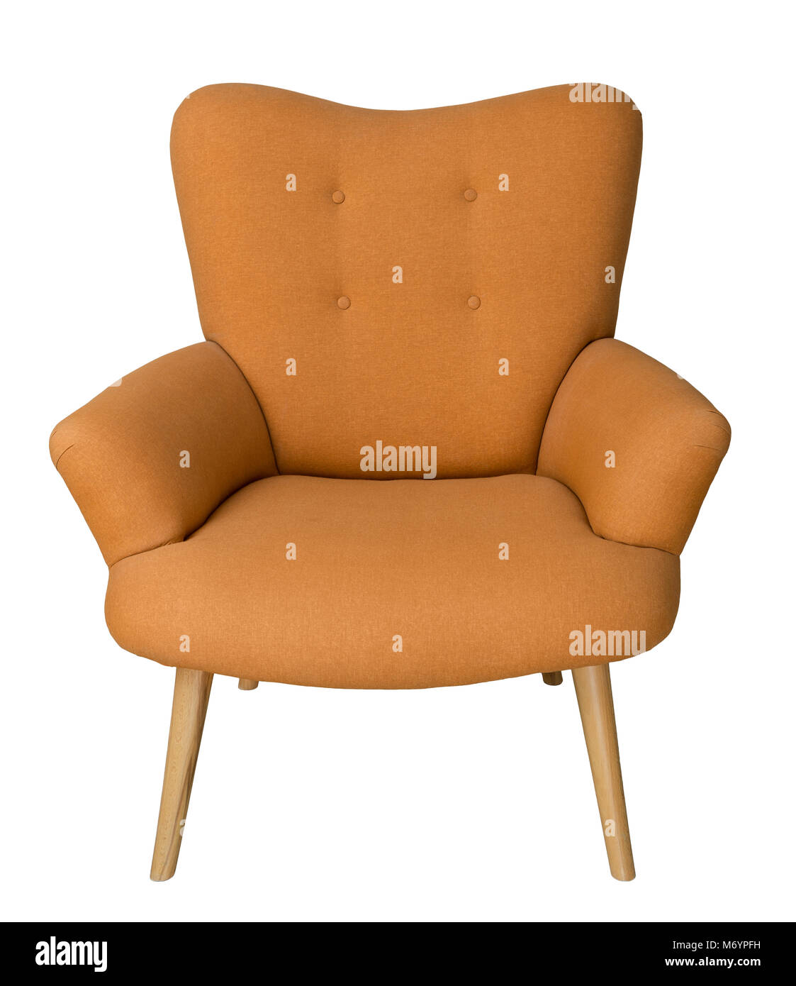 Antike Möbel: Französische orange wingback Sessel mit hölzernen Beinen auf weißem Hintergrund einschließlich freistellungspfad isoliert Stockfoto