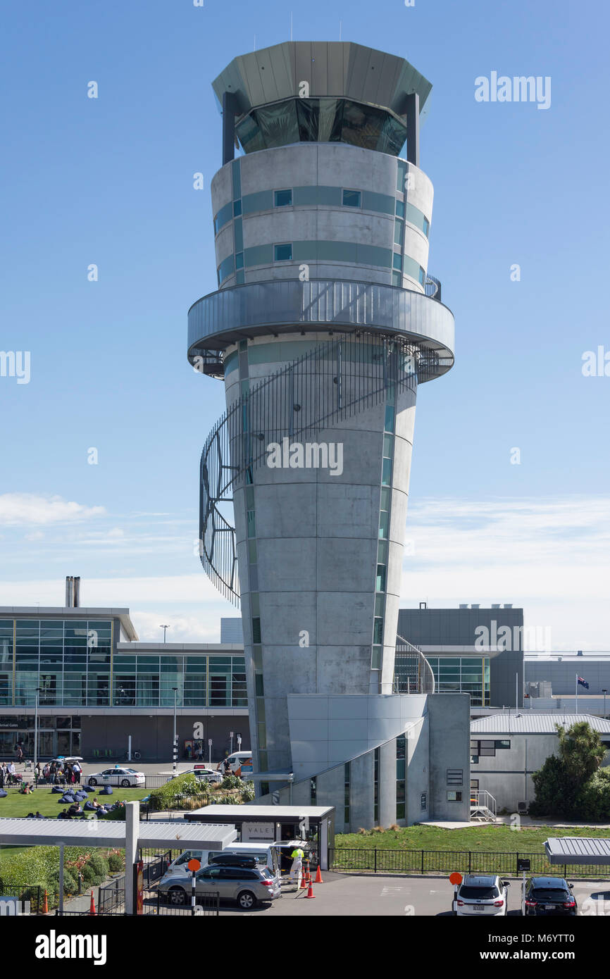 Control Tower am Flughafen Christchurch, Harewood, Christchurch, Canterbury, Neuseeland Stockfoto