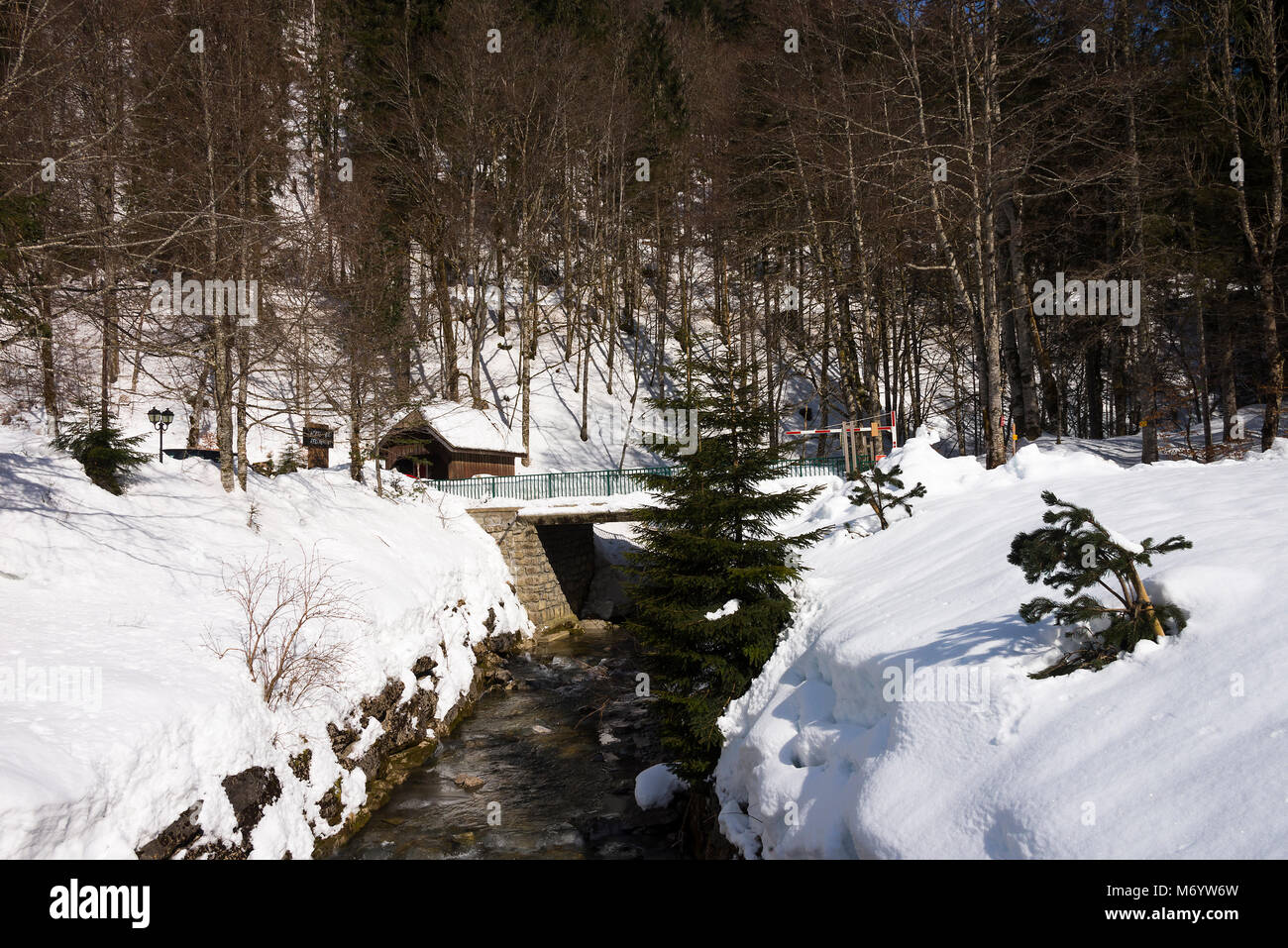 Eine fließende Strom läuft in Lac de Montriond in der Nähe von Argent Haute Savoie Portes du Soleil Frankreich Stockfoto