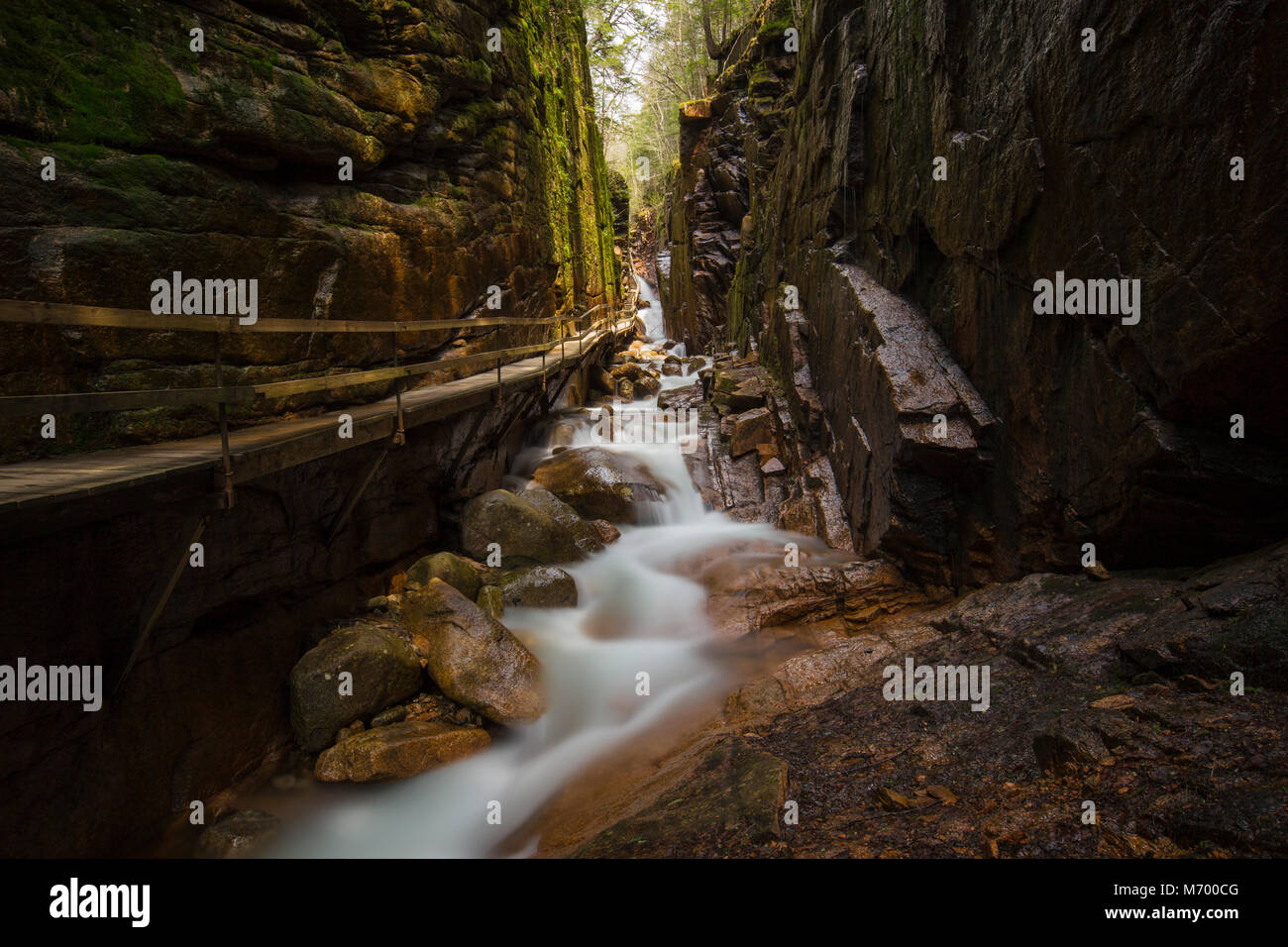 Wasser fließt durch den Flume Gorge in Franconia Notch State Park in New Hampshire, USA Stockfoto