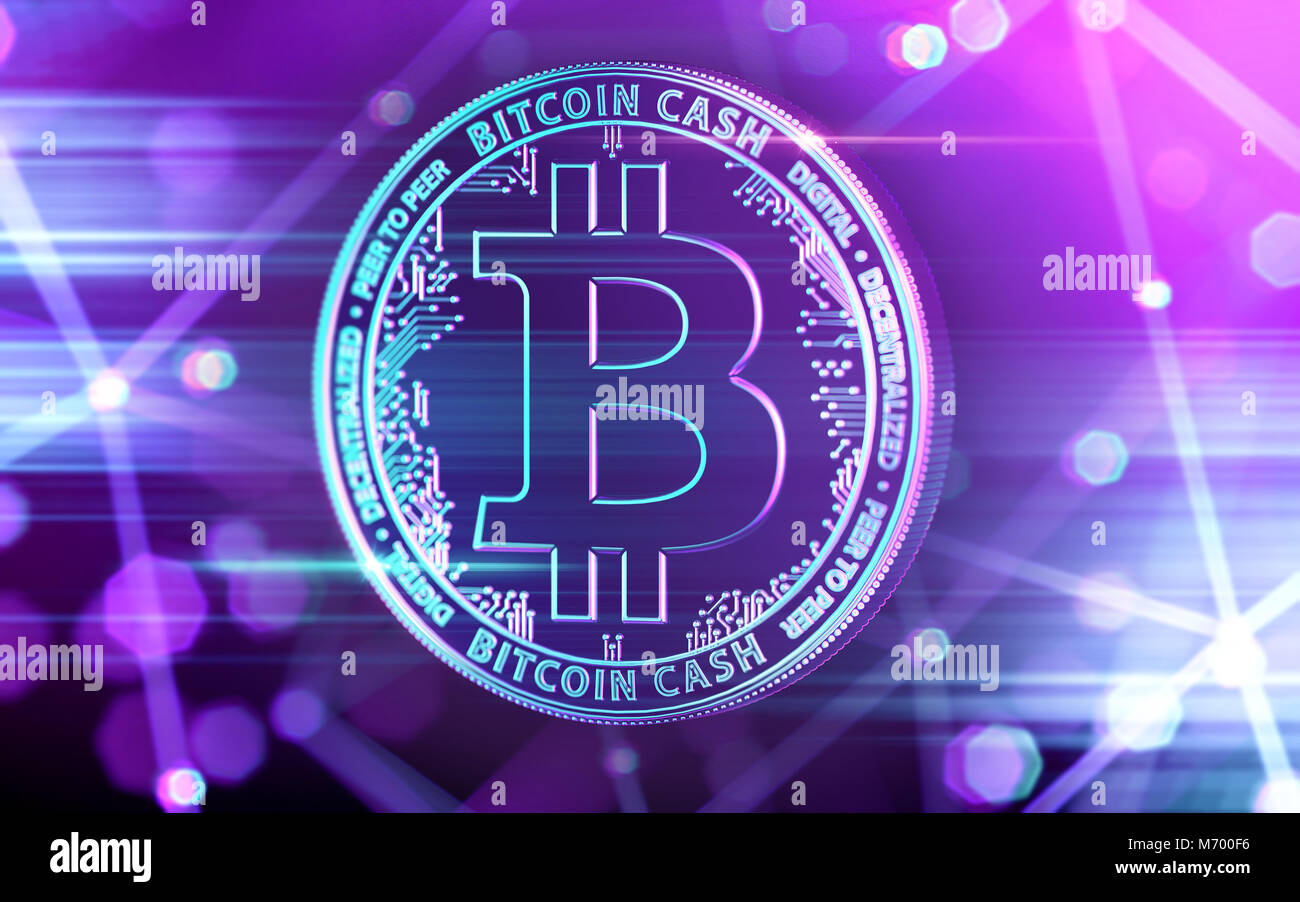 Neon leuchtenden Bitcoin Cash (BCC) Münze in UV-Farben mit cryptocurrency blockchain Knoten in verschwommenen Hintergrund. 3D-Rendering Stockfoto