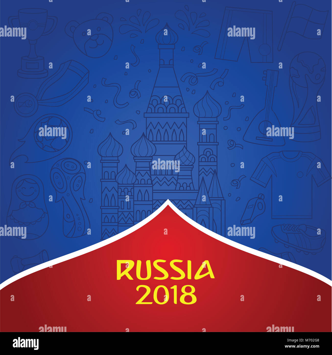 Russische 2018 Wm Hintergrund mit dominanten Farbe blau. Doddle Abbildung der russischen Objekt und Kultur als Hintergrund. Stockfoto