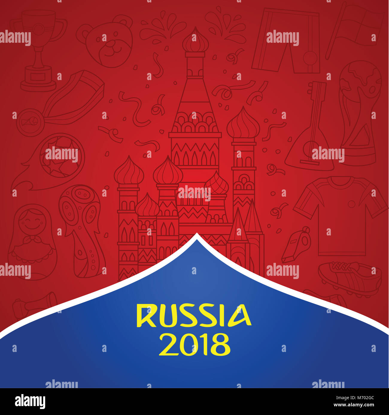 Russische 2018 Wm Hintergrund mit dominanten rot Farbe. Doddle Abbildung der russischen Objekt und Kultur als Hintergrund. Stockfoto