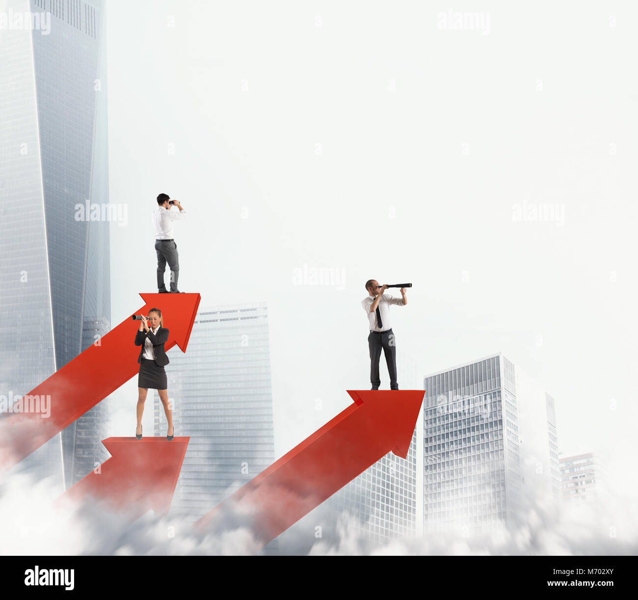 Business Männer auf Pfeile Statistiken suchen. 3D-Rendering Stockfoto