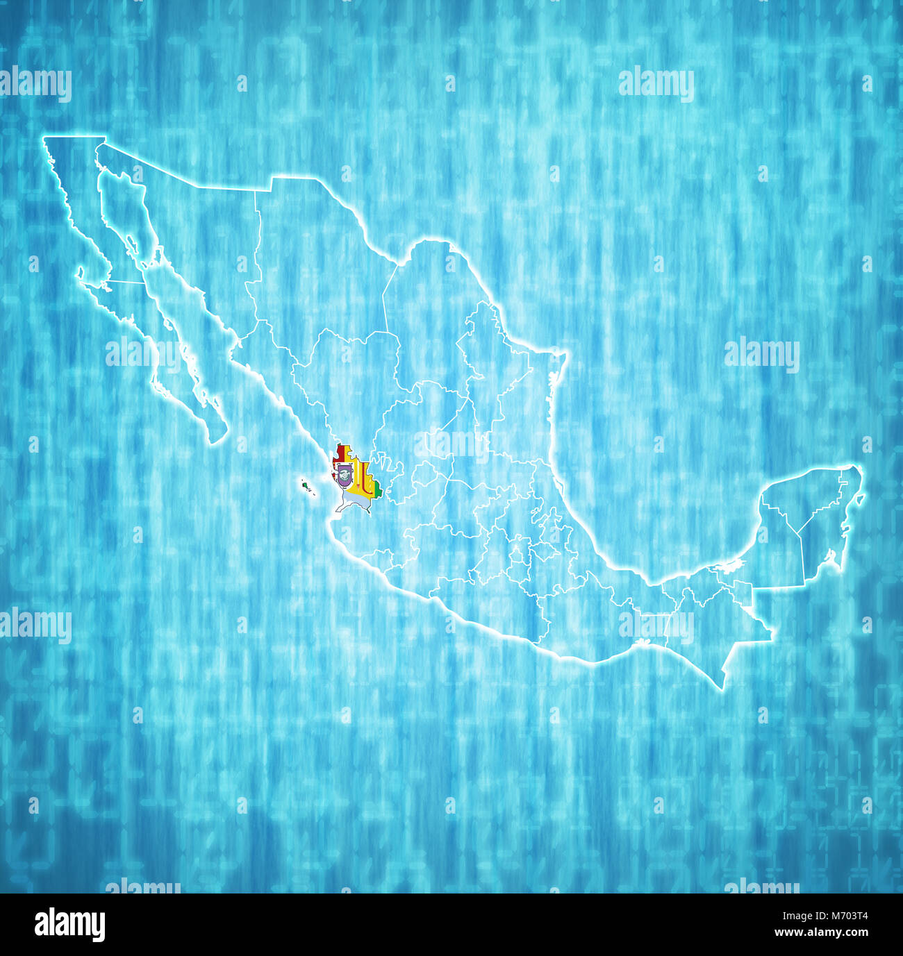 Emblem von Nayarit Zustand auf Karte mit administrativen Abteilungen und Grenzen von Mexiko Stockfoto