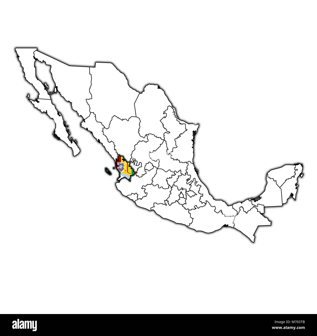 Emblem von Nayarit Zustand auf Karte mit administrativen Abteilungen und Grenzen von Mexiko Stockfoto