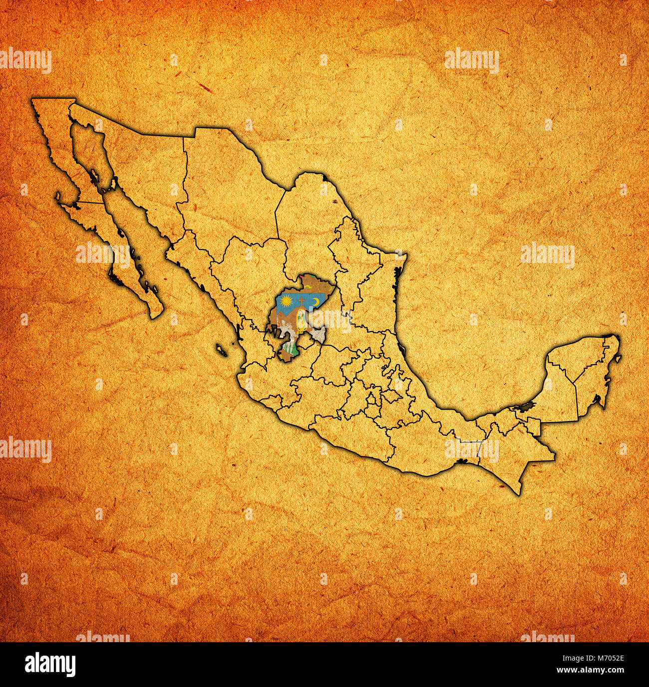 Emblem von Zacatecas Staates auf Karte mit administrativen Abteilungen und Grenzen von Mexiko Stockfoto
