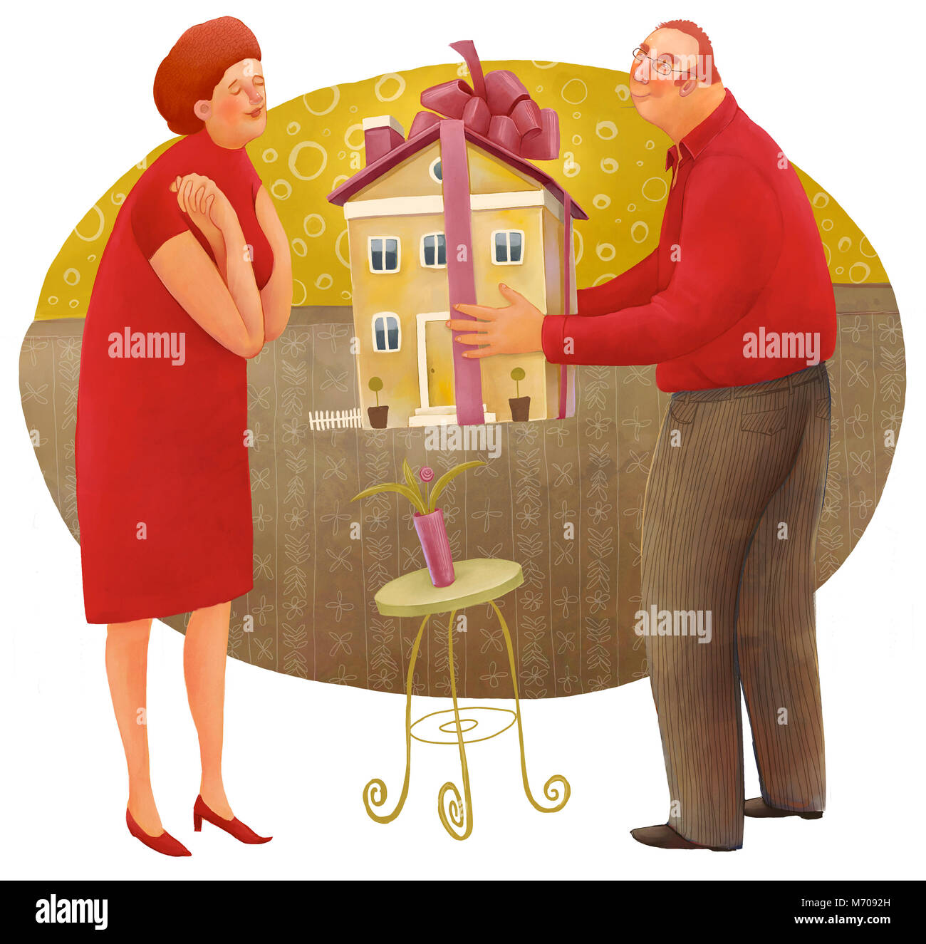 Die Abbildung der Mann, der ein Haus mit einem Bogen zu der Frau. Stockfoto
