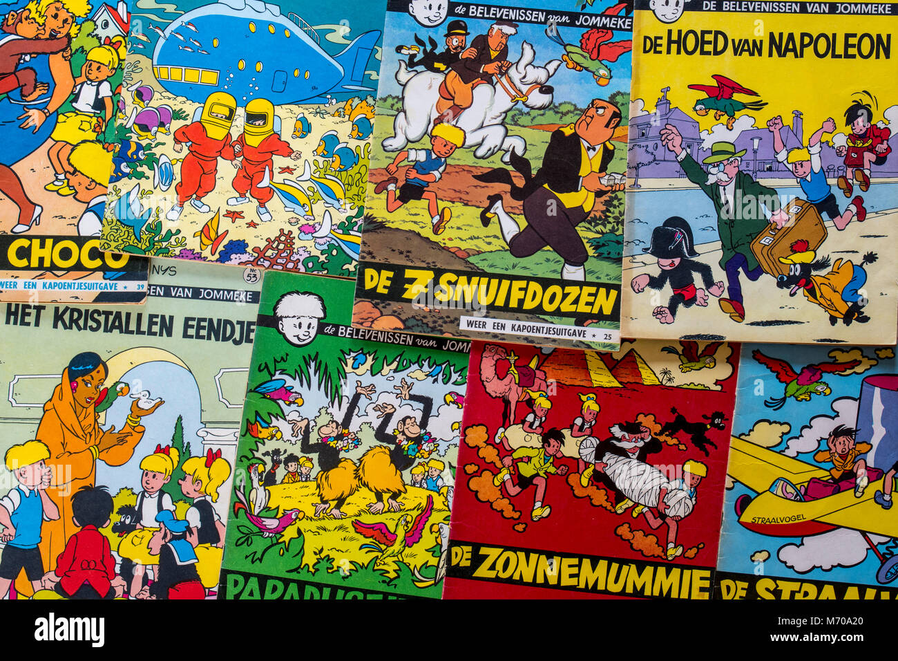 Sammlung von farbige Abdeckungen der Flämischen Comics Jommeke von der Belgischen Comic Book Creator/Karikaturist Jef Nys Stockfoto