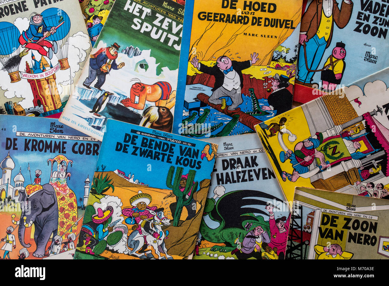 Sammlung von farbige Abdeckungen der Flämischen Comics Nero von der Belgischen Comic Book Creator/Zeichner Marc Sleen Stockfoto