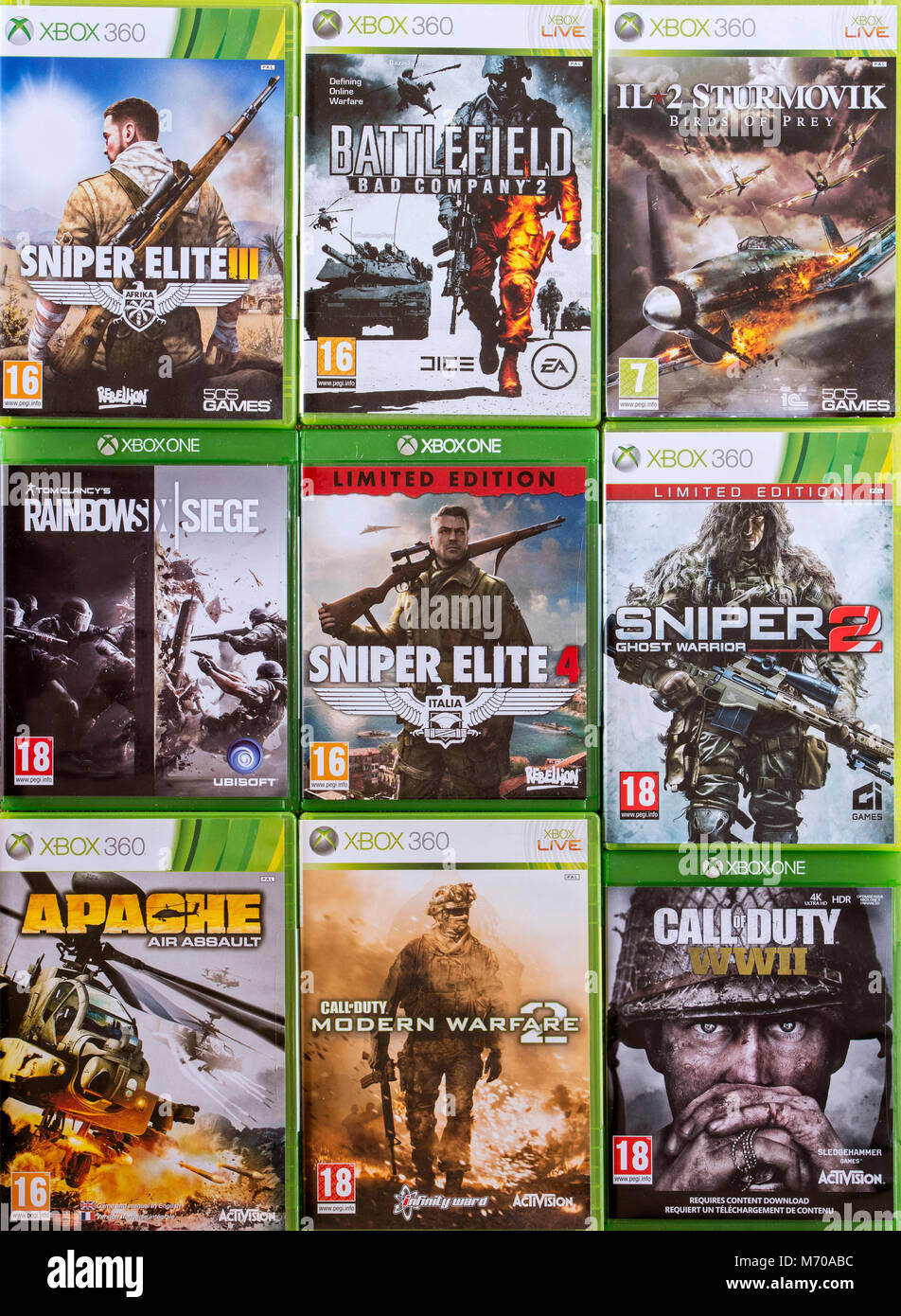 Sammlung von gewalttätigen Ego-Shooter-Spiele für Xbox 360 und Xbox One  Stockfotografie - Alamy