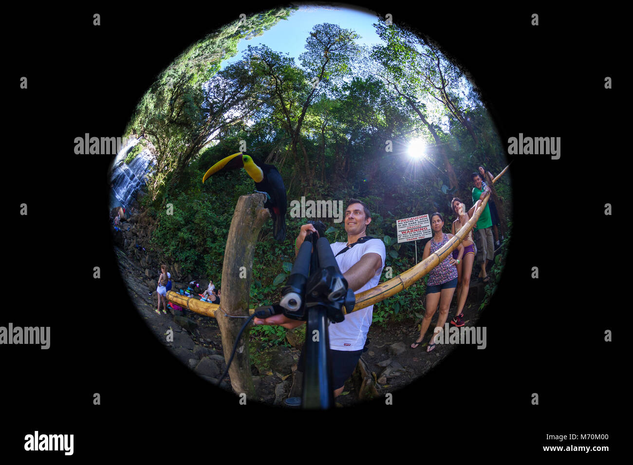 Nauyaca, Costa Rica - Januar 28: Tourist, der eine selfie mit einem feurigen Objektiv und einem Toucan vor in der Nähe von Nauyaca Wasserfällen in Costa Rica. 28. Januar 20 Stockfoto