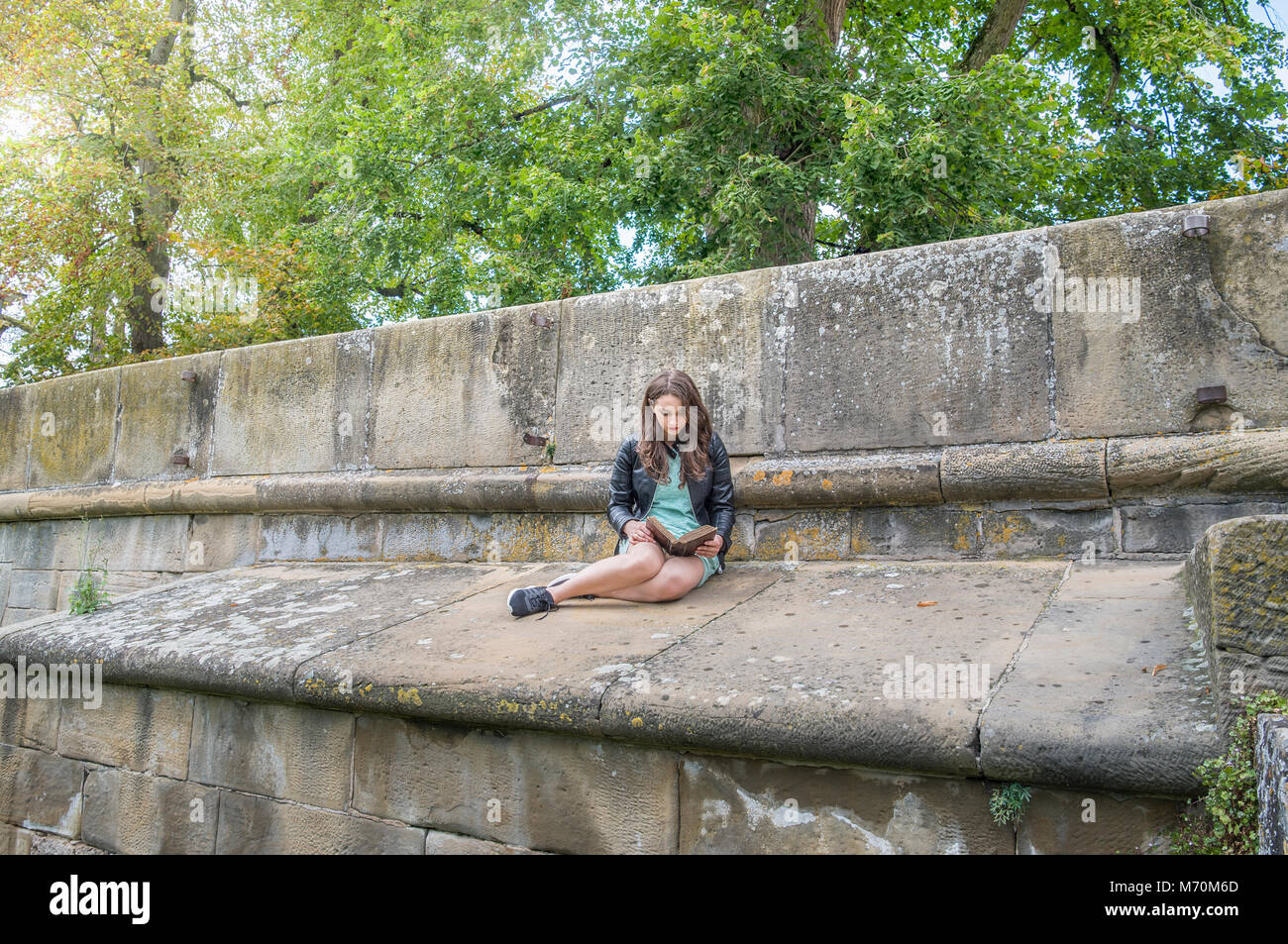 Junge Frau sitzt auf einem Verwitterten Mauer aus Stein und Lesen aus einem alten Buch, im Freien, in der Natur, an einem sonnigen Tag. Stockfoto