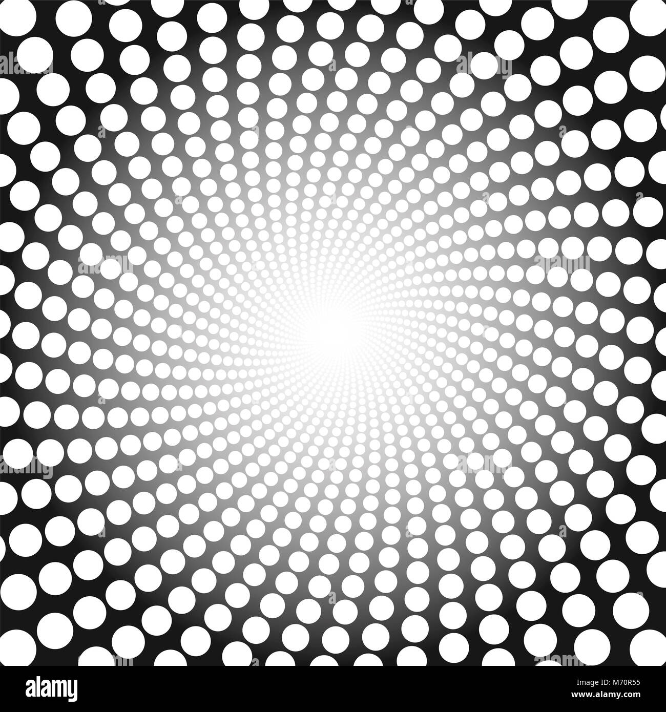 Spiralförmige Muster. Weiß gepunkteten Tunnel mit hellen Zentrum - Twisted kreisförmigen Hintergrund Illustration, hypnotisch und psychedelisch. Stockfoto