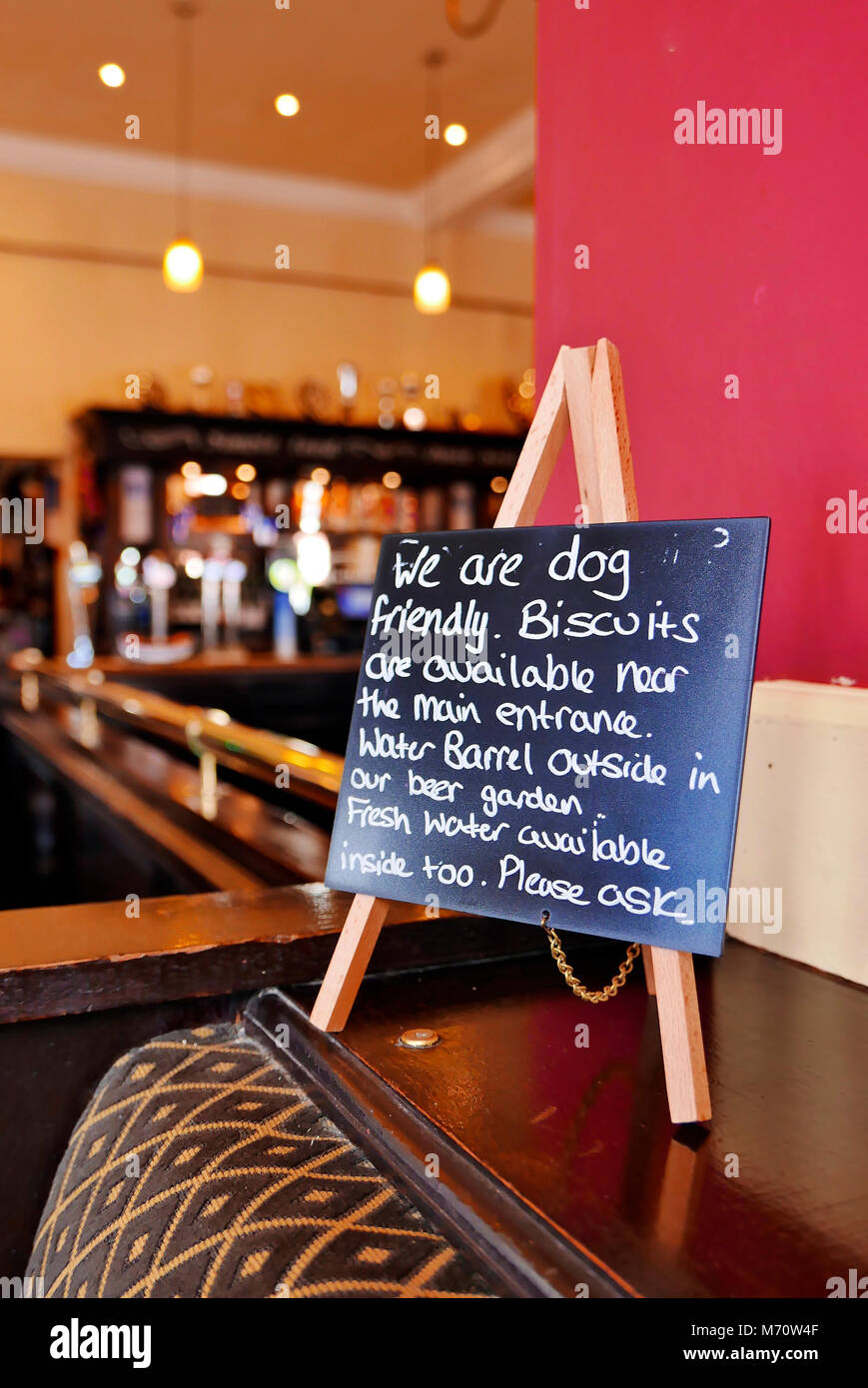 Miniatur Kreidetafel und Staffelei in Pub sagen Hund freundlich und Hundekuchen verfügbar Stockfoto