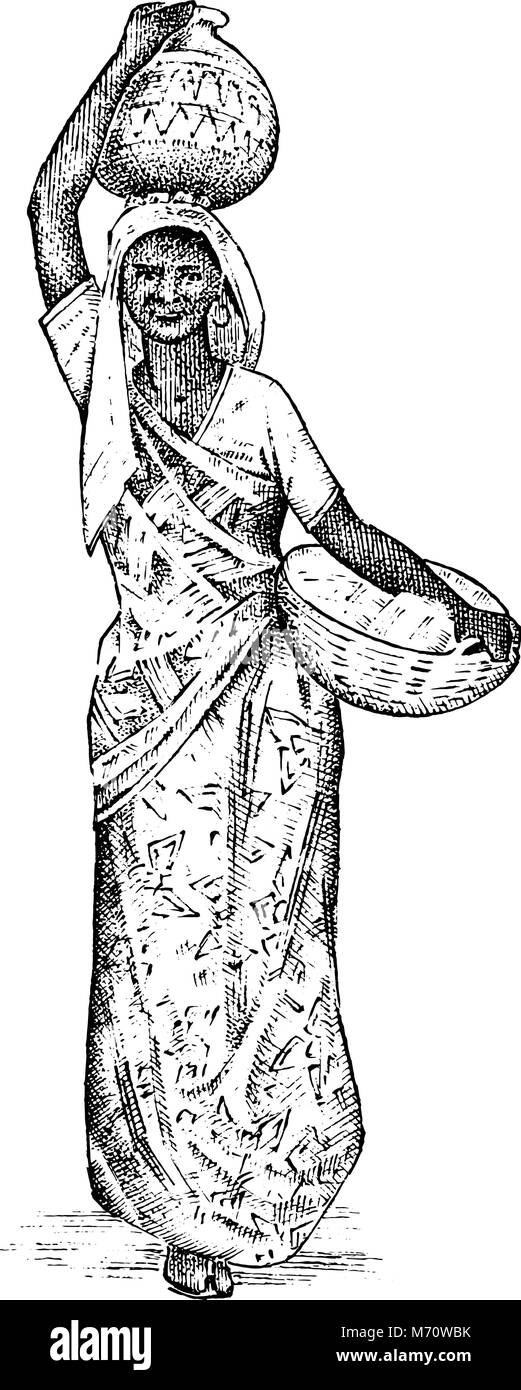 Hinduistische Frau in Indien arbeiten. Dame mit einem Becken auf den Kopf. graviert Hand gezeichnet, Vintage Style. Unterschiede Hindu ethnischen Menschen in traditioneller Kleidung. Vector Illustration. Religiöse Kostüme. Stock Vektor