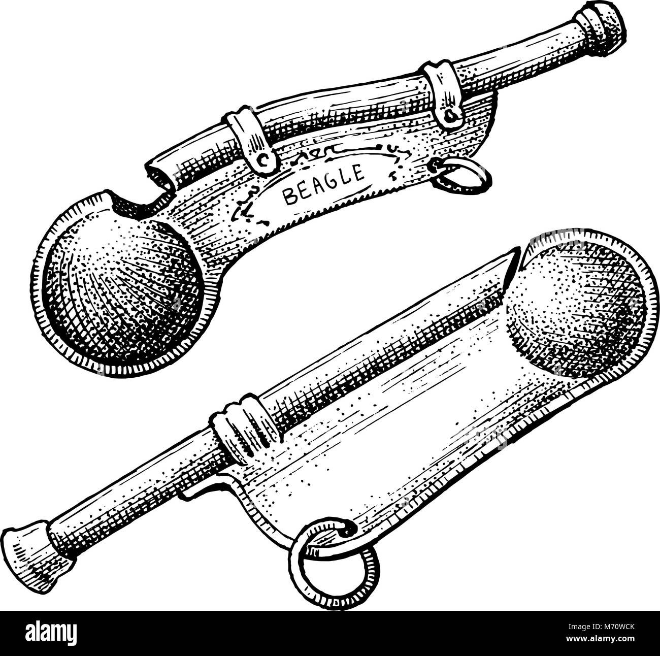 Klassische marine Signal, Pfeifen oder bootsmann Bootsmann. Nautische Rohr oder Marine Trompete. Seereise auf einem Seeschiff. Ozean Symbol. graviert Hand in vintage Stil gezeichnet. Stock Vektor