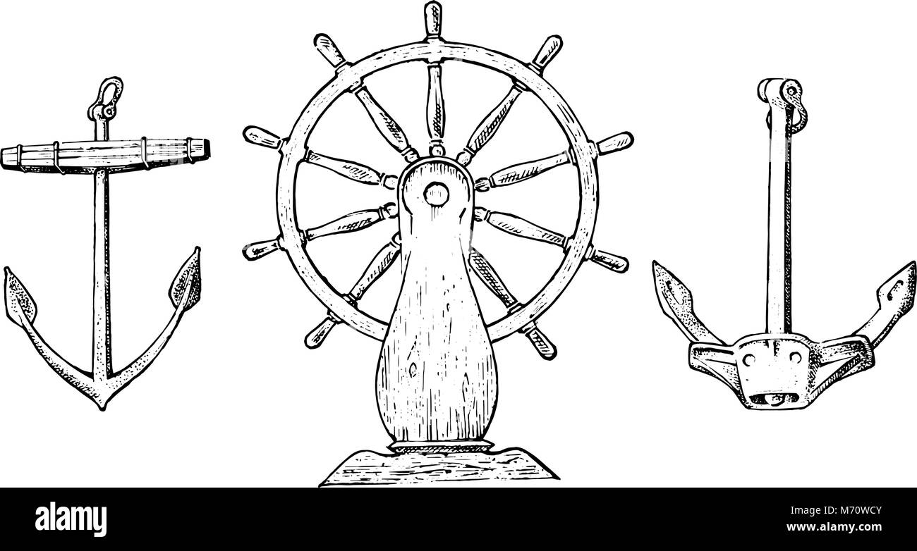 Boot s Rad und Meer Anker. Marine Skizze, nautische Reise im Ozean. graviert Vintage, Hand gezeichnet, atlantic Flutwelle. Gerät für Motion Control für Schiffe und Yachten. Stock Vektor