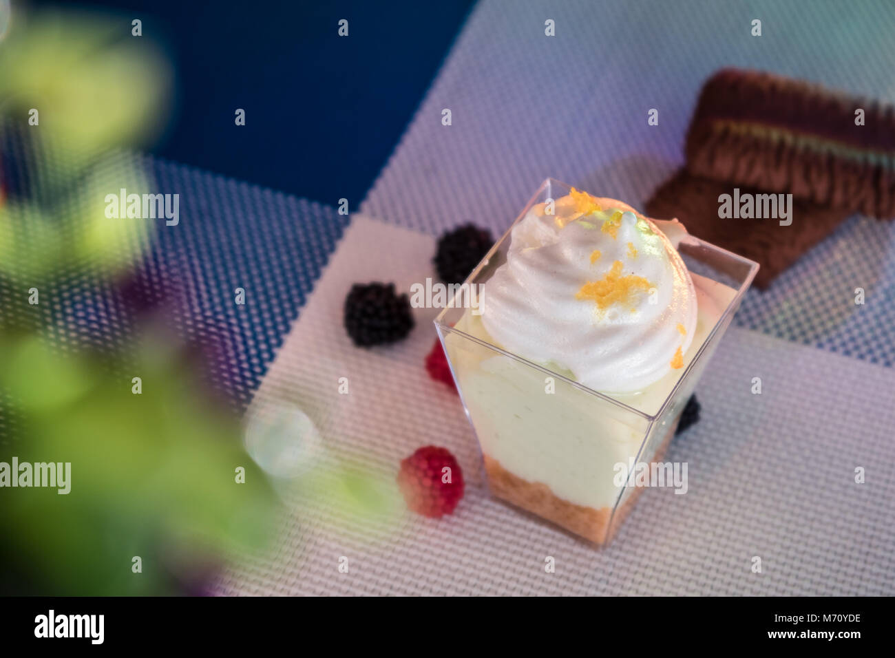 Mini Lemon Pie mit Schokolade Cookies und Beeren in einem schönen blau karierte Tischdecke Stockfoto